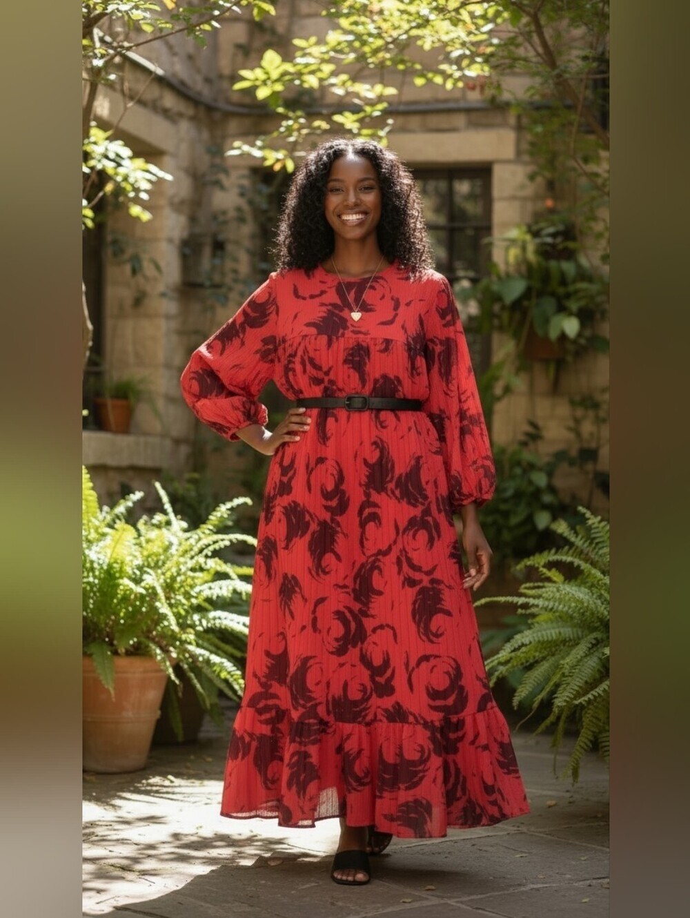 Red Black Abstract Floral Midi Dress Ruffle Hem 3/4 Sleeve Made in USA Size 22